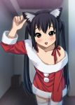  :d animal_ears black_hair blush brown_eyes cat_ears down_blouse hairband highres k-on! leaning_forward long_hair looking_at_viewer nakano_azusa off_shoulder open_mouth ryunnu santa_costume smile solo thigh-highs thighhighs twintails very_long_hair white_legwear zettai_ryouiki 