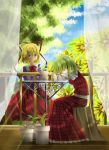  absurdres arm_rest arms_behind_back artist_request beam blonde_hair blue_eyes blue_sky boki_god chair closed_eyes cloud clouds curtains dress_shirt eyes_closed flower flower_pot green_hair hair_ribbon head_rest highres kazami_yuuka lily_of_the_valley long_sleeves looking_at_another medicine_melancholy multiple_girls plaid plaid_skirt plaid_vest plant potted_plant ribbon shirt short_hair sitting skirt sky sleeping sunbeam sunflower sunlight table touhou veranda wooden_floor 