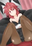  animal_ears bare_shoulders blush breasts bunny_ears bunnysuit cleavage embarrassed fishnet_pantyhose fishnets hair_bun highres hips ibaraki_kasen large_breasts pantyhose perspective pink_eyes pink_hair pout rabbit_ears shiny shiny_skin short_hair sitting slender solo tomuman touhou 