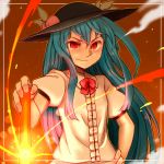  blue_hair food fruit hand_on_hip hat hinanawi_tenshi hips holding long_hair peach red_eyes ryuhey smile solo sword_of_hisou touhou 