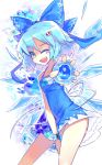  &#9320; ;d ? blue_eyes blue_hair blush_stickers cirno dress female hair_ornament holding ice ice_wings name_tag no_panties open_mouth short_hair smile solo touhou wei_(hoshieve) wings wink wrist_cuffs ã¢â€˜â¨ â‘¨ 