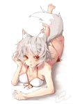  animal_ears bikini breasts brown_eyes cleavage fang full_body highres inubashiri_momiji lying on_stomach short_hair signature silver_hair simple_background solo swimsuit tail toor_0111 touhou white_background white_bikini wolf_ears wolf_tail 