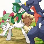  battle black_sclera buneary claws covering_eyes creature dragon gallade garchomp horn kirlia no_humans pokemoa pokemon pokemon_(creature) ralts red_eyes sharp_teeth sweat weapon yellow_eyes 