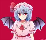  ascot bad_id bat_wings blue_hair collarbone dated hat hat_ribbon puffy_sleeves red_background red_eyes remilia_scarlet ribbon short_hair short_sleeves smile solo touhou wings yagura_miketa 