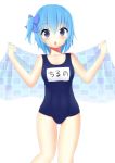 :o absurdres alternate_hairstyle blue_eyes blue_hair blush cirno highres holding morinaoekaki name_tag school_swimsuit short_hair side_ponytail solo swimsuit touhou towel 