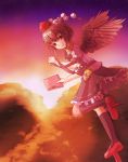  belt bird_wings black_hair black_legwear blouse book camera flying forest geta hat highres index39 kneehighs leg_up looking_at_viewer nature night night_sky red_eyes shameimaru_aya short_hair skirt sky smile solo star_(sky) strap tengu-geta tokin_hat touhou twilight wind_lift wings 