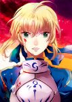  ahoge armor bettyannnewaters blonde_hair blood blood_on_face breastplate dress fate/zero fate_(series) fire green_eyes hair_ribbon ribbon saber solo tears 