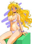  1girl animal_ears bell bikini blonde_hair blush breasts choker cleavage cow_bell cow_girl gomamiso_sti large_breasts long_hair original simple_background sitting solo swimsuit ushita_kaoruko white_background white_bikini white_swimsuit 