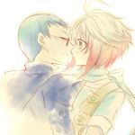  1girl ahoge blue_hair blush closed_eyes couple glasses hubert_ozwell incipient_kiss parted_lips pascal red_hair short_hair sweatdrop tales_of_(series) tales_of_graces 