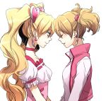  2girls blonde_hair closed_eyes cure_peach dual_persona earrings forehead-to-forehead fresh_precure! heart jewelry light_smile momozono_love multiple_girls nakagawa_besu precure simple_background talking twintails white_background 