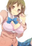  blush bra breasts breasts_outside brown_eyes brown_hair cardigan cleavage flower hair_flower hair_ornament hairclip idolmaster idolmaster_cinderella_girls large_breasts mimura_kanako open_clothes open_shirt plaid plaid_skirt pochi_(pochi-goya) polka_dot polka_dot_bra school_uniform short_hair skirt smile solo underwear 