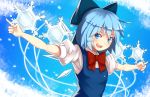  blue_eyes blue_hair bow bust cirno hair_bow ice nosuku outstretched_arms short_hair smile snowflakes solo spread_arms touhou 