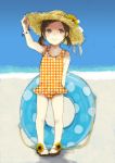  bracelet brown_eyes brown_hair casual_one-piece_swimsuit flower hat highres innertube jewelry kaburagi_kaede one-piece_swimsuit plaid plaid_swimsuit sandals short_twintails solo sun_hat sunflower swimsuit tiger_&amp;_bunny twintails yk5112335 