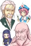  2girls :t beard blush dumpling eating facial_hair food hat hinami hinami_(hinatamizu) hood jewelry konpaku_youki kumoi_ichirin long_hair multiple_boys multiple_girls mustache pink_eyes pink_hair purple_eyes purple_hair ring saigyouji_yuyuko short_hair silver_hair touhou unzan violet_eyes white_background 