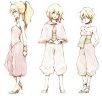  age_progression anarock anarock_1-gou anklet bare_shoulders blonde_hair blue_eyes breasts capelet capri_pants earrings high_heels highres hoop_earrings jewelry long_hair multiple_persona pointy_ears ponytail purim sash seiken_densetsu seiken_densetsu_2 shoes short_hair smile strapless teenage 