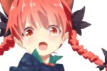  animal_ears bow braid cat_ears fang hair_bow kaenbyou_rin long_hair open_mouth red_eyes red_hair redhead sawayaka_samehada solo touhou twin_braids white_background 