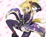  :d animal_ears blonde_hair breasts character_request cherry_blossoms dog_days fang fingerless_gloves fox_ears fox_tail gloves green_eyes hair_ribbon hairu jewelry large_breasts long_hair necklace open_mouth ponytail ribbon smile solo tail yukikaze_panettone 