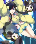  1girl armpits arms_up bangs bare_legs black_hair blue_eyes breasts cleavage emolga fur_coat gym_leader headphones irouha kamitsure_(pokemon) lightning long_hair midriff pokemon pokemon_(creature) pokemon_(game) pokemon_bw2 smile twintails very_long_hair 