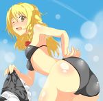  armpits ass bikini blonde_hair blush bow braid hair_bow hat hat_removed headwear_removed i_b_b_e kirisame_marisa long_hair looking_back open_mouth side_braid single_braid solo swimsuit touhou wink witch_hat yellow_eyes 