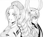  animal_ears braid bunny_ears hat long_hair looking_at_viewer monochrome multiple_girls nurse_cap open_mouth rabbit_ears reisen_udongein_inaba shisei_(kyuushoku_banchou) smile touhou yagokoro_eirin 