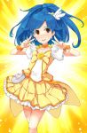  asterisk_(artist) bike_shorts blue_hair blush brown_eyes choker collarbone cosplay cure_peace cure_peace_(cosplay) double_v earrings hair_ornament highres idolmaster jewelry kisaragi_chihaya long_hair magical_girl open_mouth precure shorts_under_skirt skirt smile_precure! solo v wrist_cuffs 