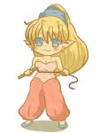  achouri bare_shoulders blonde_hair blue_eyes breasts capri_pants chibi cleavage earrings jewelry long_hair pointy_ears ponytail purim scrunchie seiken_densetsu seiken_densetsu_2 smile solo strapless whip 