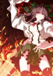  arm_cannon black_legwear black_wings bow breasts brown_eyes brown_hair cape fire hair_bow highres isa long_hair no_bra open_clothes open_shirt red_eyes reiuji_utsuho skirt smile solo thigh-highs thighhighs third_eye touhou weapon wings 