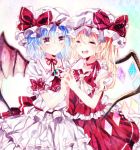  blonde_hair blue_hair breasts closed_eyes eyes_closed flandre_scarlet gingetsu_ringo hand_holding hat heart heart-shaped_pupils highres holding_hands multiple_girls open_mouth red_eyes remilia_scarlet short_hair siblings sideboob sisters skirt skirt_set smile symbol-shaped_pupils touhou wings 