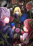  2girls apple arie9 blonde_hair blue_eyes blue_rose book bouquet brown_hair bunny candy cat doll dress eve_(ib) eyeball flower food fruit garry_(ib) gary_(ib) grin hair_over_one_eye highres ib ib_(ib) key lady_in_red_(ib) long_hair looking_back mannequin mary_(ib) multiple_girls painting painting_(object) palette_knife petals purple_hair puzzle_piece quill rabbit red_eyes red_rose rose smile umbrella yellow_eyes yellow_rose 