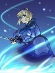  ahoge armor armored_dress blonde_hair dress excalibur fate/stay_night fate_(series) faulds gauntlets green_eyes hair_ribbon light_particles madsensei ribbon saber solo sword weapon wind 