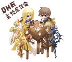  2boys 2girls blonde_hair blue_eyes chair ecthel food fork fruit knife knights_in_the_nightmare maria_(knights_in_the_nightmare) multiple_boys multiple_girls open_mouth riviera strawberry sword table weapon yggdra_union yggdra_yuril_artwaltz 