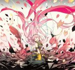  bare_shoulders breasts closed_eyes dress eyes_closed hand_on_headphones long_hair megurine_luka nakbe open_mouth petals pink_hair solo very_long_hair vocaloid wind 