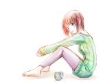  barefoot blue_eyes brown_hair cup feet jason_(kaiten_kussaku_kikou) jiei_son looking_at_viewer lyrical_nanoha short_hair simple_background sitting smile soles solo toes white_background yagami_hayate 