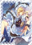  apron black_dress blonde_hair broom broom_riding dress frame hat hat_ribbon highres hime03 kirisame_marisa long_hair looking_at_viewer mini-hakkero outstretched_arm outstretched_hand puffy_sleeves ribbon shirt short_sleeves solo touhou waist_apron witch_hat yellow_eyes 