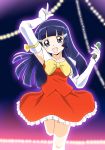  amraam120c aoki_reika arm_up blue_background blue_eyes blue_hair bow dress elbow_gloves frills gloves hair_ornament hairclip idol long_hair microphone precure red_dress ribbon smile smile_precure! solo standing_on_one_leg white_gloves 