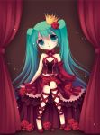  aqua_eyes aqua_hair breasts cleavage curtains detached_sleeves dress flower hatsune_miku head_tilt long_hair project_diva project_diva_2nd romeo_to_cinderella_(vocaloid) rose sitting solo twintails very_long_hair vocaloid yui 