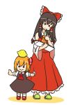  :&gt; :/ ascot black_hair blonde_hair bow brown_hair chibi child detached_sleeves food fruit fruit_on_head hair_bow hair_ribbon hair_tubes hakurei_reimu head_tilt jpeg_artifacts lemon multiple_girls notebook outstretched_arm outstretched_arms pen ribbon rumia shirt short_hair short_sleeves skirt skirt_set slippers smile solid_circle_eyes spread_arms terajin touhou wide_sleeves 