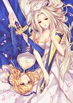  avalon_(fate/stay_night) blonde_hair dress excalibur fate/stay_night fate/zero fate_(series) green_eyes holding irisviel_von_einzbern long_hair lying multiple_girls on_back petals red_eyes ribbon saber scabbard sheath short_hair silver_hair sword weapon yeruen 