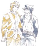  2boys dio_brando dio_brando_(cosplay) emiya_kiritsugu hairband hat heart jojo_no_kimyou_na_bouken kotomine_kirei kuujou_joutarou kuujou_joutarou_(cosplay) multiple_boys multiple_monochrome zihad 