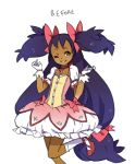  ;) alternate_costume arms_up bow brown_eyes bubble_skirt choker cosplay dark_skin dress flat_chest gloves grin hair_bow iris_(pokemon) kaname_madoka kaname_madoka_(cosplay) long_hair looking_at_viewer low-tied_long_hair mahou_shoujo_madoka_magica pokemon pokemon_(game) pokemon_bw pokemon_bw2 puffy_sleeves purple_hair seiyuu_connection short_sleeves smile socks solo soul_gem standing_on_one_leg tribute two_side_up very_long_hair white_gloves wings wink yuuki_aoi 
