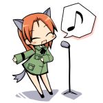  animal_ears brown_hair chibi dog_ears dog_tail fang lowres luu microphone minna-dietlinde_wilcke musical_note singing solo strike_witches tail 