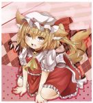  animal_ears ascot bell blonde_hair collar crystal dog_ears dog_tail fang flandre_scarlet frills harachi_mei hat hat_ribbon kemonomimi_mode open_mouth puffy_sleeves red_eyes ribbon short_hair short_sleeves side_ponytail solo tail touhou wings 