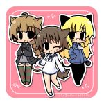  animal_ears blonde_hair brown_hair cat_ears cat_tail dog_ears dog_tail fang glasses heart luu lynette_bishop microphone miyafuji_yoshika multiple_girls pantyhose perrine_h_clostermann strike_witches striped striped_legwear tail thigh-highs thighhighs wink 