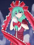  1girl adapted_costume aqua_hair arm_ribbon blue_eyes bow dress extrawine fingers_together front_ponytail hair_bow hair_ornament hair_ribbon hands_together highres kagiyama_hina light long_hair looking_at_viewer red_dress ribbon smile solo touhou 