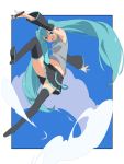  aqua_eyes aqua_hair detached_sleeves hatsune_miku highres komakedara long_hair looking_at_viewer microphone necktie open_mouth skirt smile solo thigh-highs thighhighs twintails very_long_hair vocaloid zettai_ryouiki 