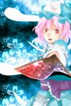  blue_background breasts cherry_blossoms fan folding_fan hat highres hitodama japanese_clothes obi open_mouth petals pink_hair red_eyes ribbon saigyouji_yuyuko short_hair smile solo touhou triangular_headpiece 