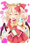  animal_ears bow bunny cat_ears closed_eyes eyes_closed fake_animal_ears fang flandre_scarlet food hair_ribbon ice_cream ice_cream_cone kan_lee kemonomimi_mode no_hat no_headwear open_mouth rabbit ribbon shirt side_ponytail skirt skirt_set smile solo touhou wings 