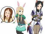  3girls akiyama_mio animal_ears black_eyes black_hair blush breasts brioche_d&#039;arquien brioche_d'arquien brioche_d'arquien_(cosplay) crossover dog_days face glasses hikasa_youko hime_cut k-on! kotobuki_minako kotobuki_tsumugi large_breasts long_hair multiple_girls pantyhose seiyuu_connection thumbs_up vert_farbreton vert_farbreton_(cosplay) yamanaka_sawako 