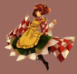  1girl apron bell boots checkered cross-laced_footwear hair_bell hair_ornament japanese_clothes lace-up_boots motoori_kosuzu neko_ni_chikyuu orange_eyes orange_hair simple_background smile touhou twintails wide_sleeves 