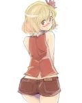  aki_shizuha alternate_costume ass bare_shoulders blonde_hair blush casual from_behind looking_back red_eyes sape_(saperon_black) short_hair short_shorts shorts simple_background solo touhou white_background 